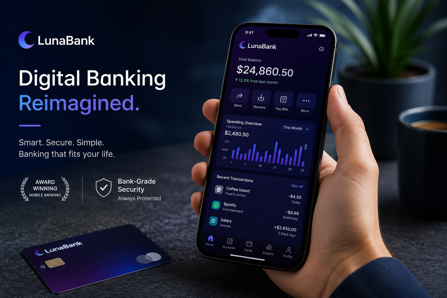 LunaBank mobile banking app UI held in hand — fintech case study by VORTEXA